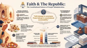 Infographic on Government control of temples in India, covering faith, temple administration, and constitutional accountability.